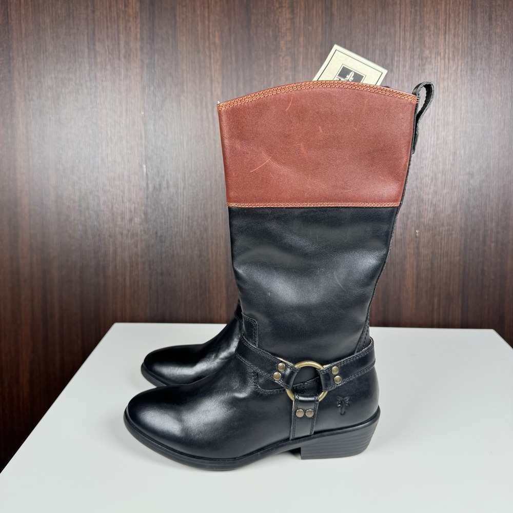 Frye Boots Girls Black Brown Leather Melissa 2 Tone Harness Zip Riding Youth 3.5
